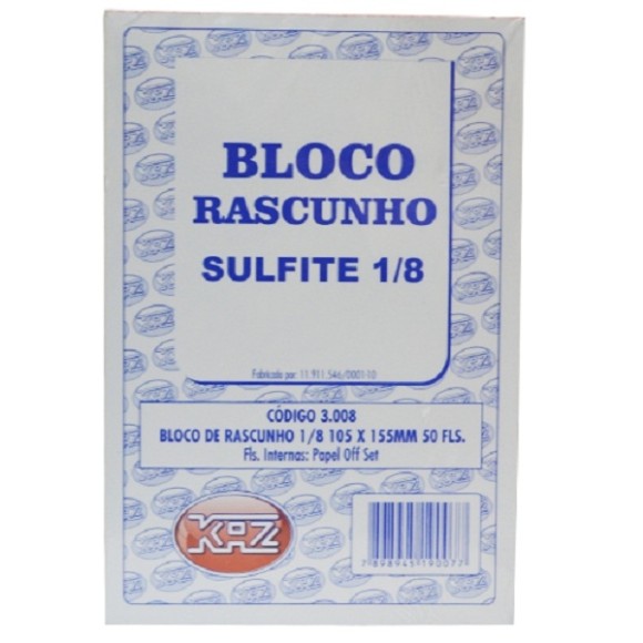 BLOCO DE RASCUNHO SULFITE 1/8 SEM PAUTA COM 50 FOLHAS